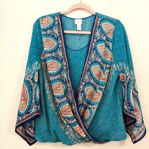 Chico's Teal and Orange Paisley Blouse